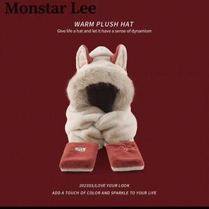 Monstar Lee Plush Hooded Scarf Hat with Ears - Cream & Rust
